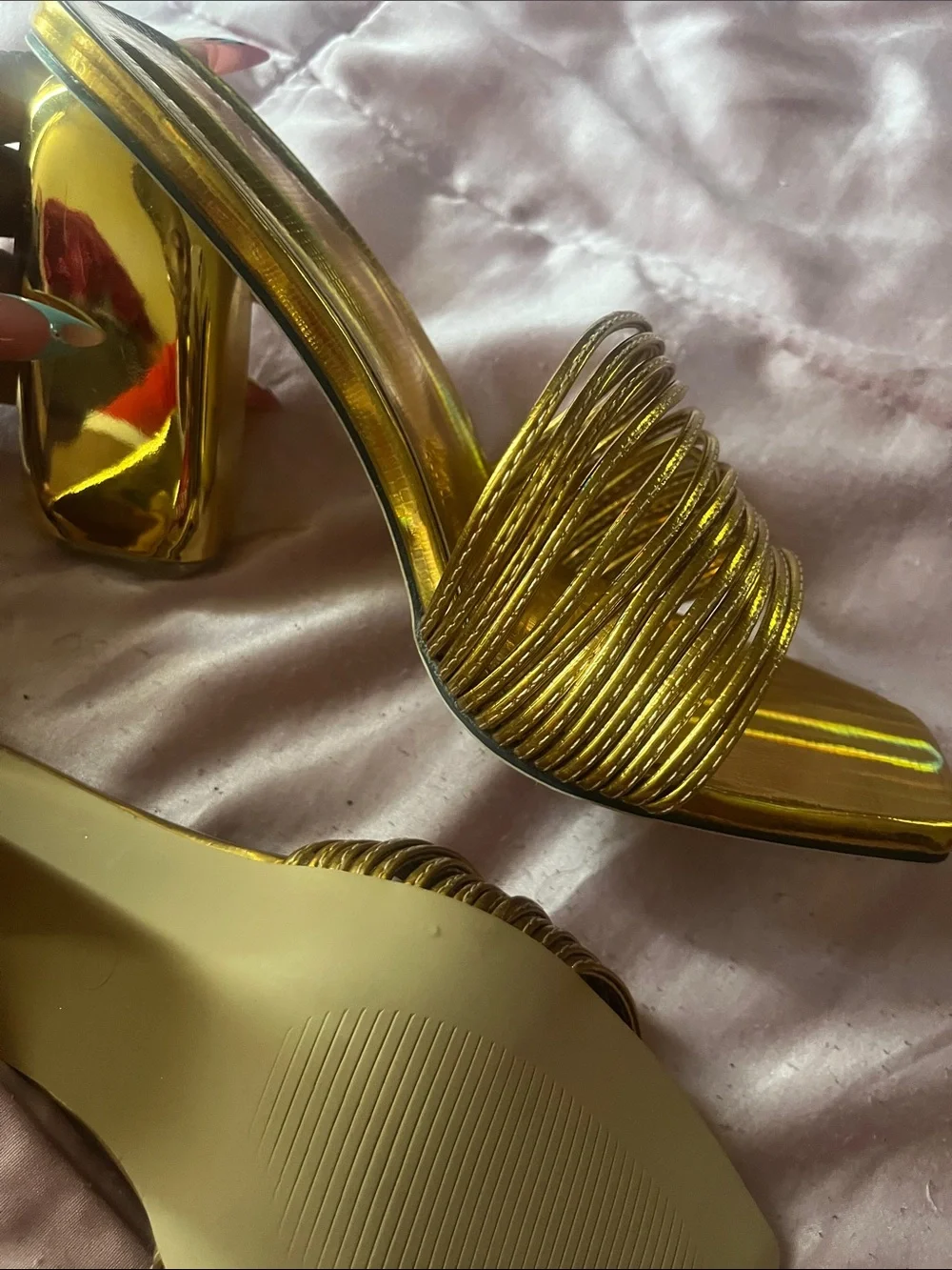 Fashion Nova Metallic Gold Multi-Strap Block Heel Sandals